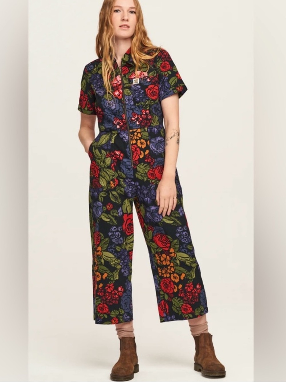 Lucy & Yak Ragan Cotton Jumpsuit Maria Multi Color Dark Floral Overalls Size 20